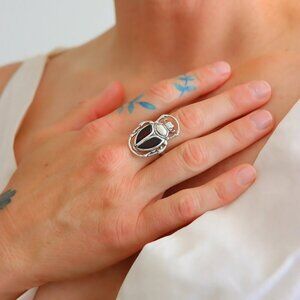 Baltic Amber Scarab Ring Sterling Silver Adjustable